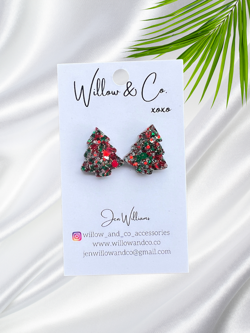 2cm Christmas Tree Studs Red, Green & Silver Resin