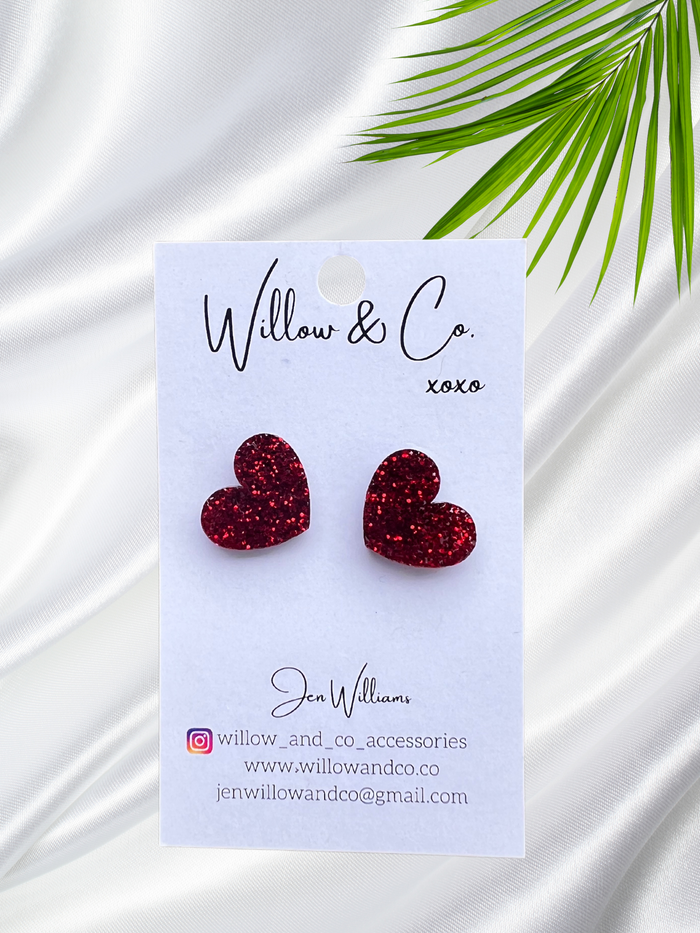 1.5cm Heart Studs Red Glitter