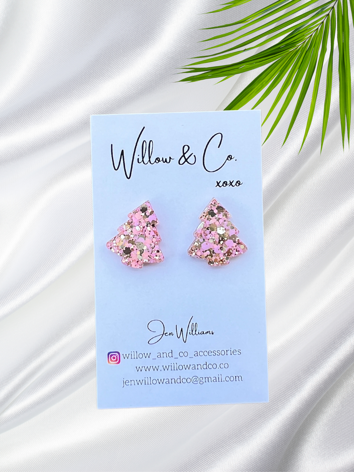 2cm Christmas Tree Studs Pink & Gold Resin