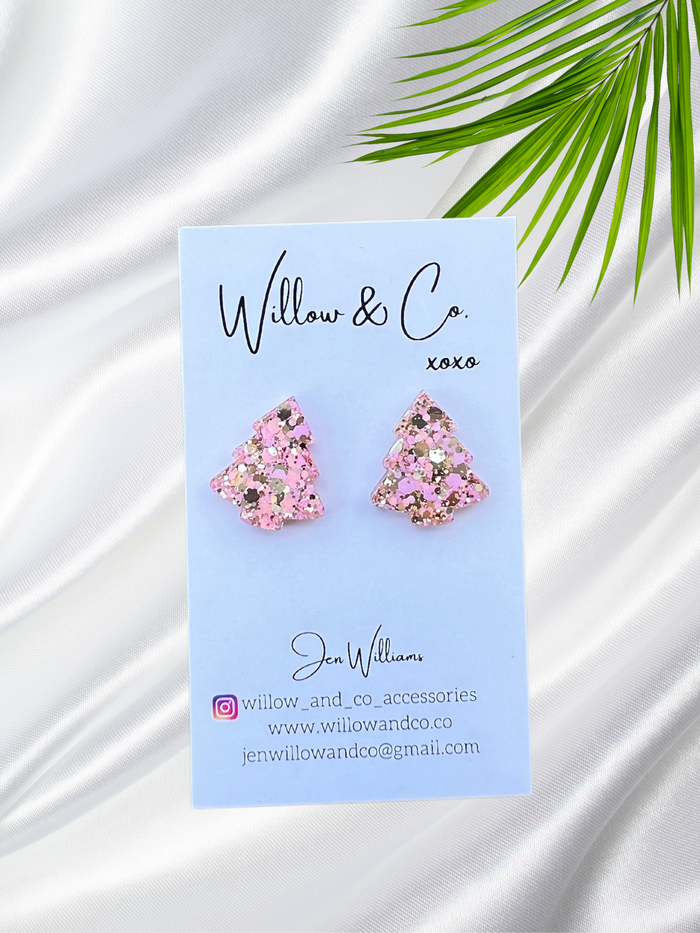 2cm Christmas Tree Studs Pink & Gold Resin