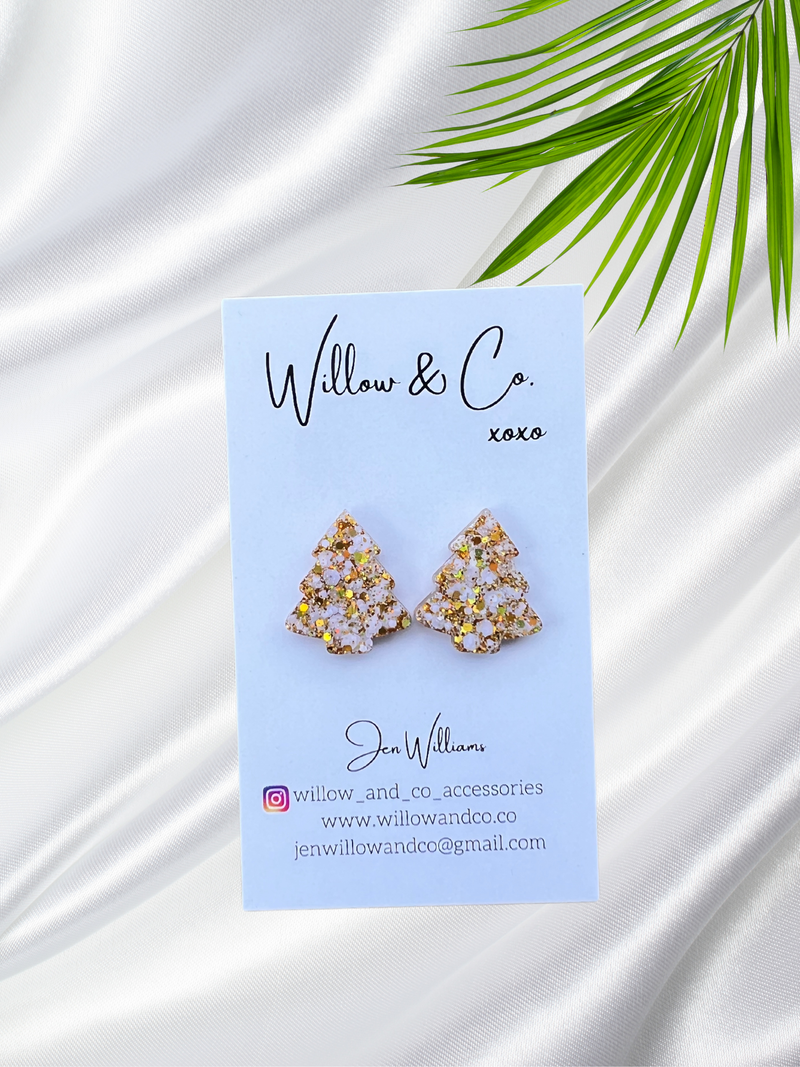 2cm Christmas Tree Studs Gold & White Resin