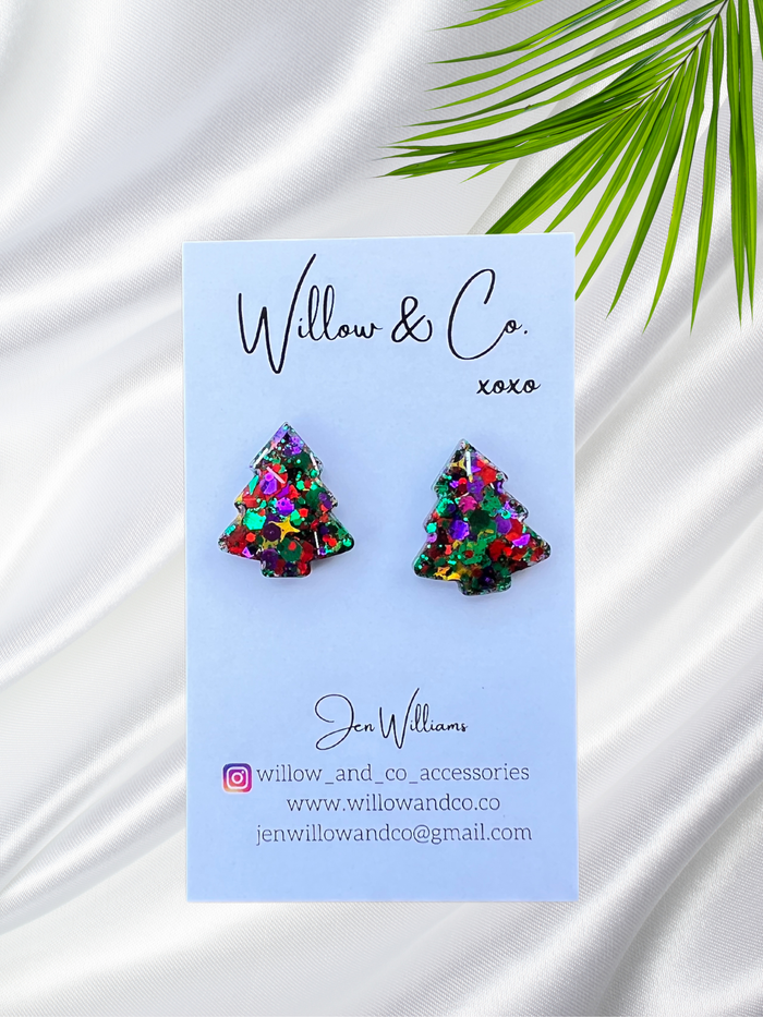 2cm Christmas Tree Studs Celebration Glitter Resin