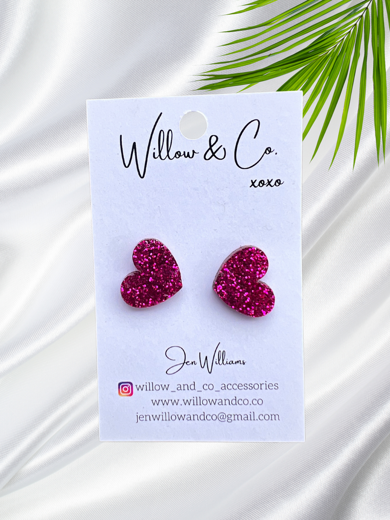 1.5cm Heart Studs Pink Glitter