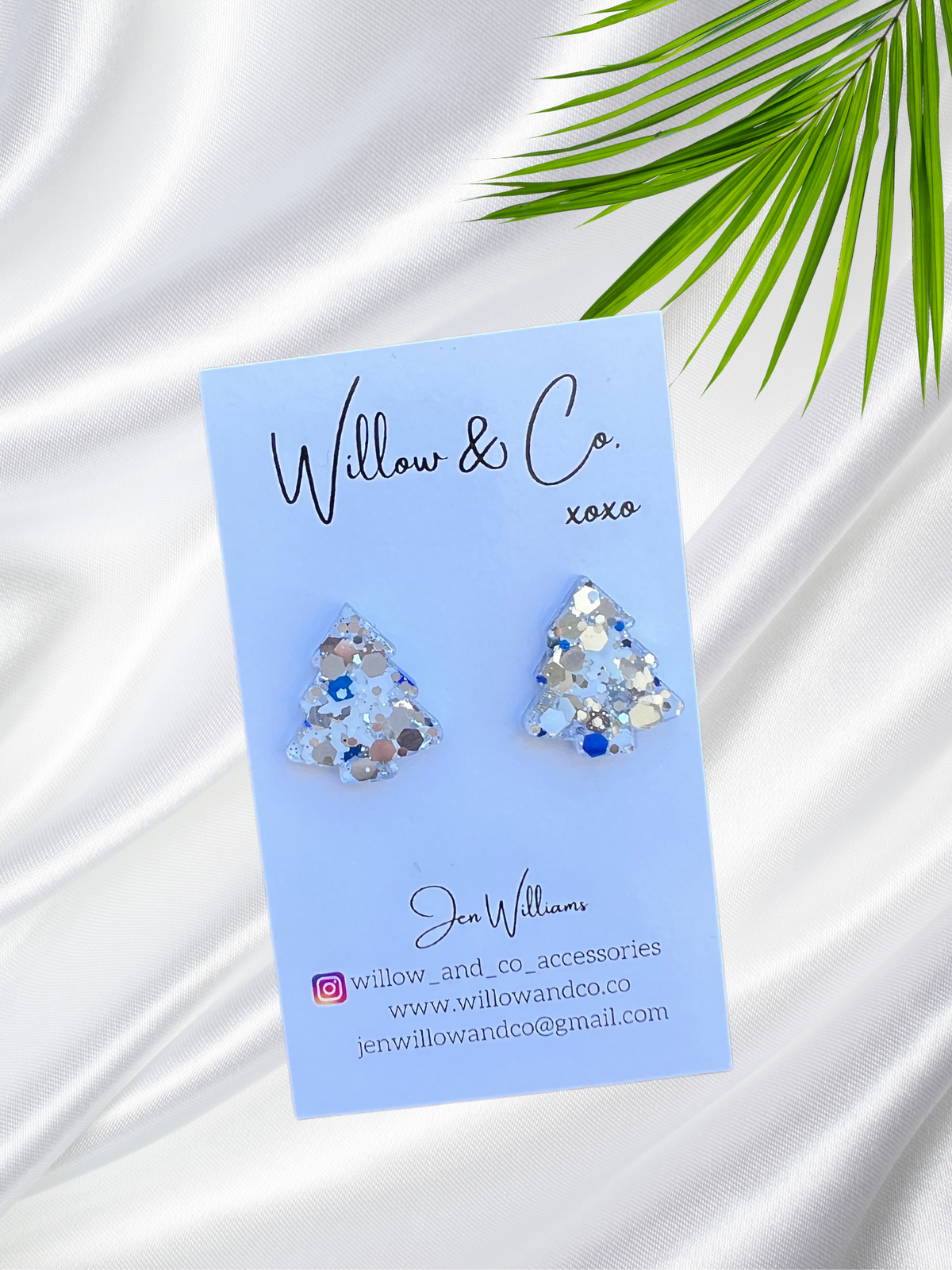 2cm Christmas Tree Studs Blue, Silver & White Resin