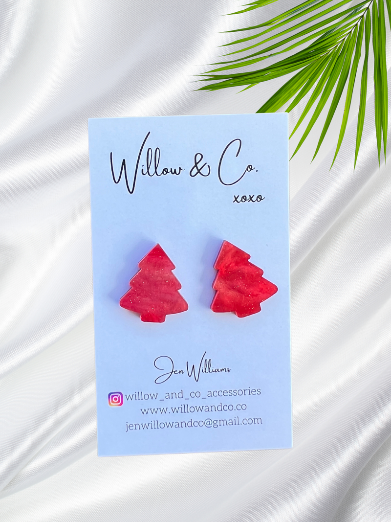 2cm Christmas Tree Studs Red Pearl