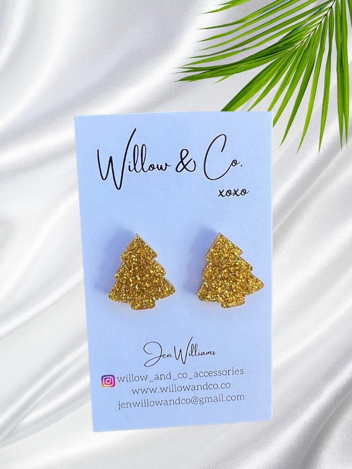 2cm Christmas Tree Studs Gold Glitter