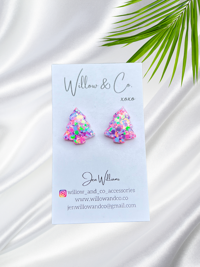 2cm Christmas Tree Stud Resin Pink/Purple